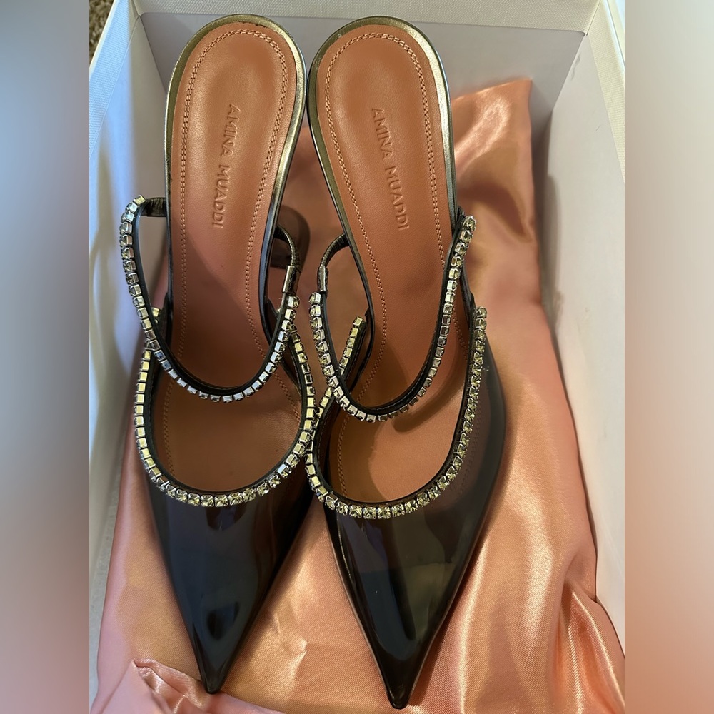 Amina Muaddi black PVC crystal heels